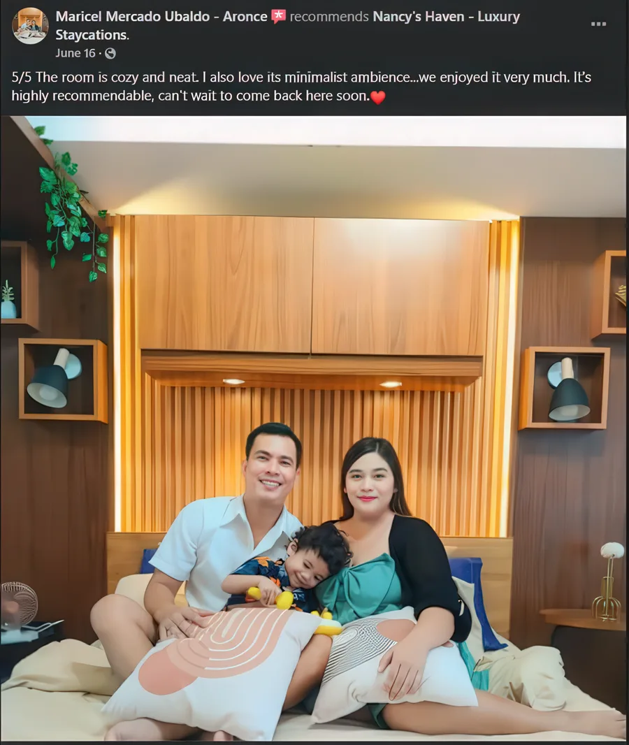 Facebook recommendation from Maricel U. praising the cozy, neat room and minimalist ambience