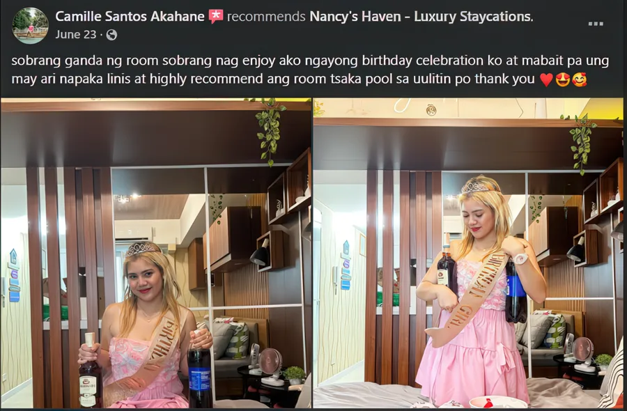 Facebook recommendation from Camille A. praising the very clean room and pool for a birthday celebration