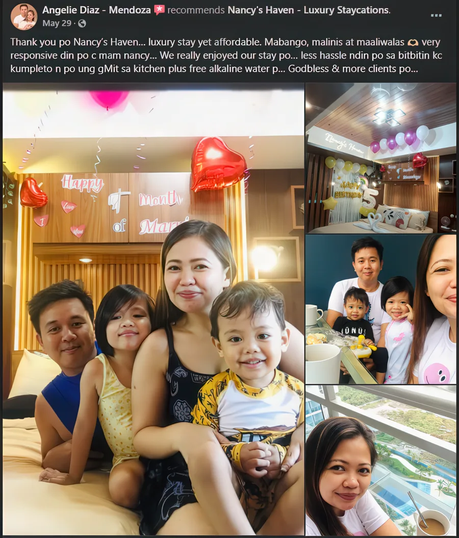Facebook recommendation from Angelie M. praising the affordable luxury, cleanliness, and responsive host