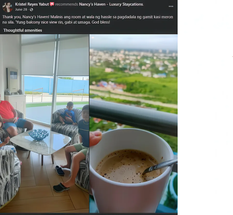 Facebook recommendation from Kristel Y. praising the clean room and lovely balcony view
