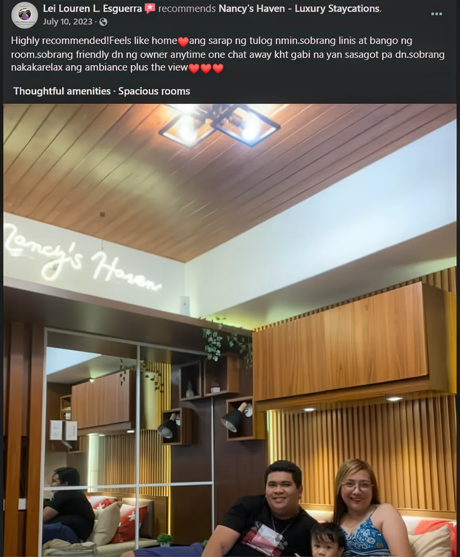 Facebook recommendation from Lei Louren E. praising the homey feel, cleanliness, and friendly owner