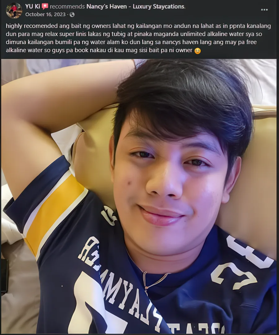 Facebook recommendation from Yu Ki praising the kind owner, cleanliness, and free unlimited alkaline water