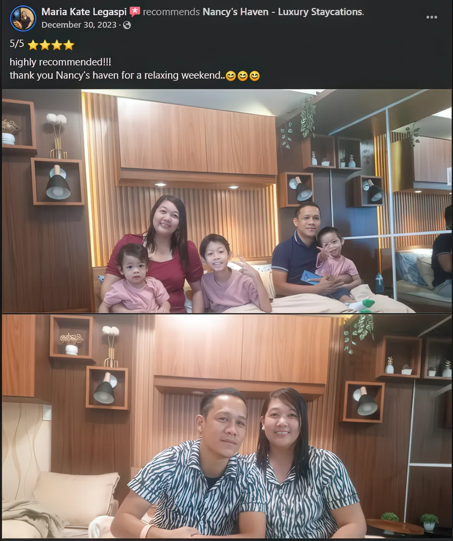 Facebook recommendation from Maria Kate L. giving 5 stars for a relaxing family weekend