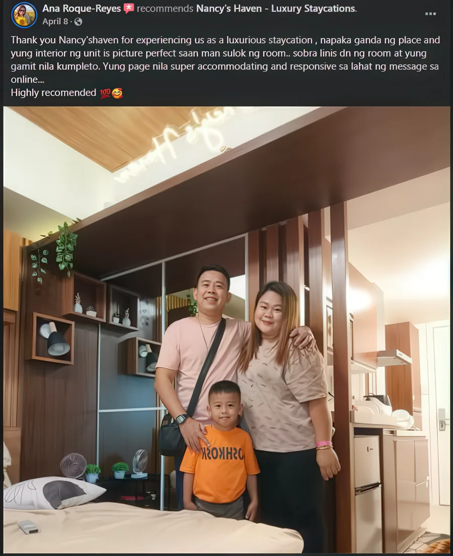Facebook recommendation from Ana R. praising the picture-perfect, super clean unit and responsive hosts