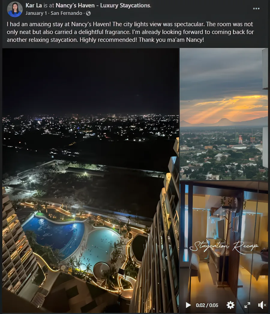 Facebook recommendation from Kar L. praising the spectacular night city-lights view and fragrant room