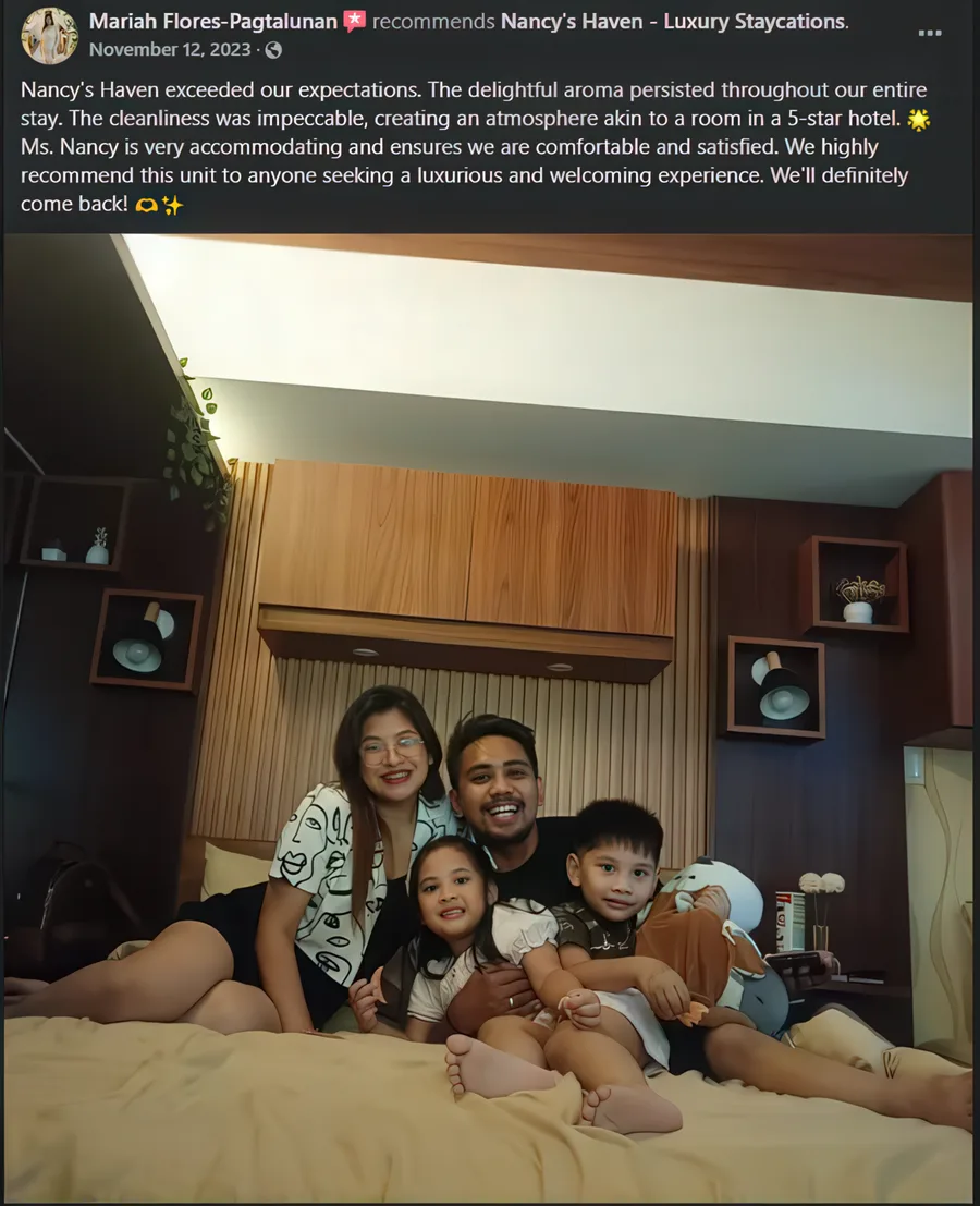 Facebook recommendation from Mariah P. praising the 5-star-hotel cleanliness and accommodating host