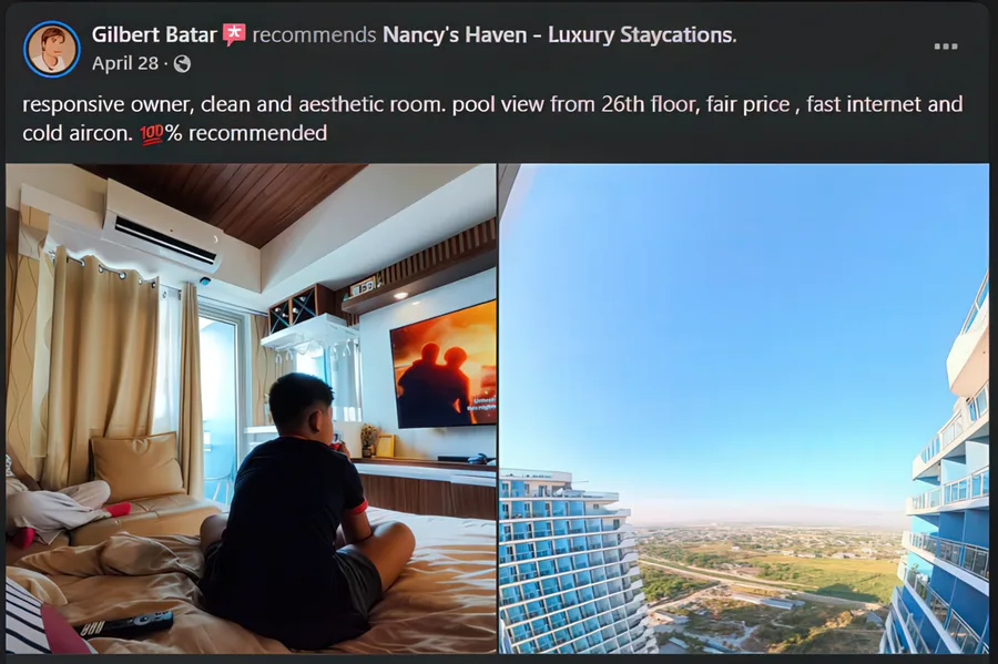 Facebook recommendation from Gilbert B. praising the clean unit, 26th-floor pool view, and fast internet