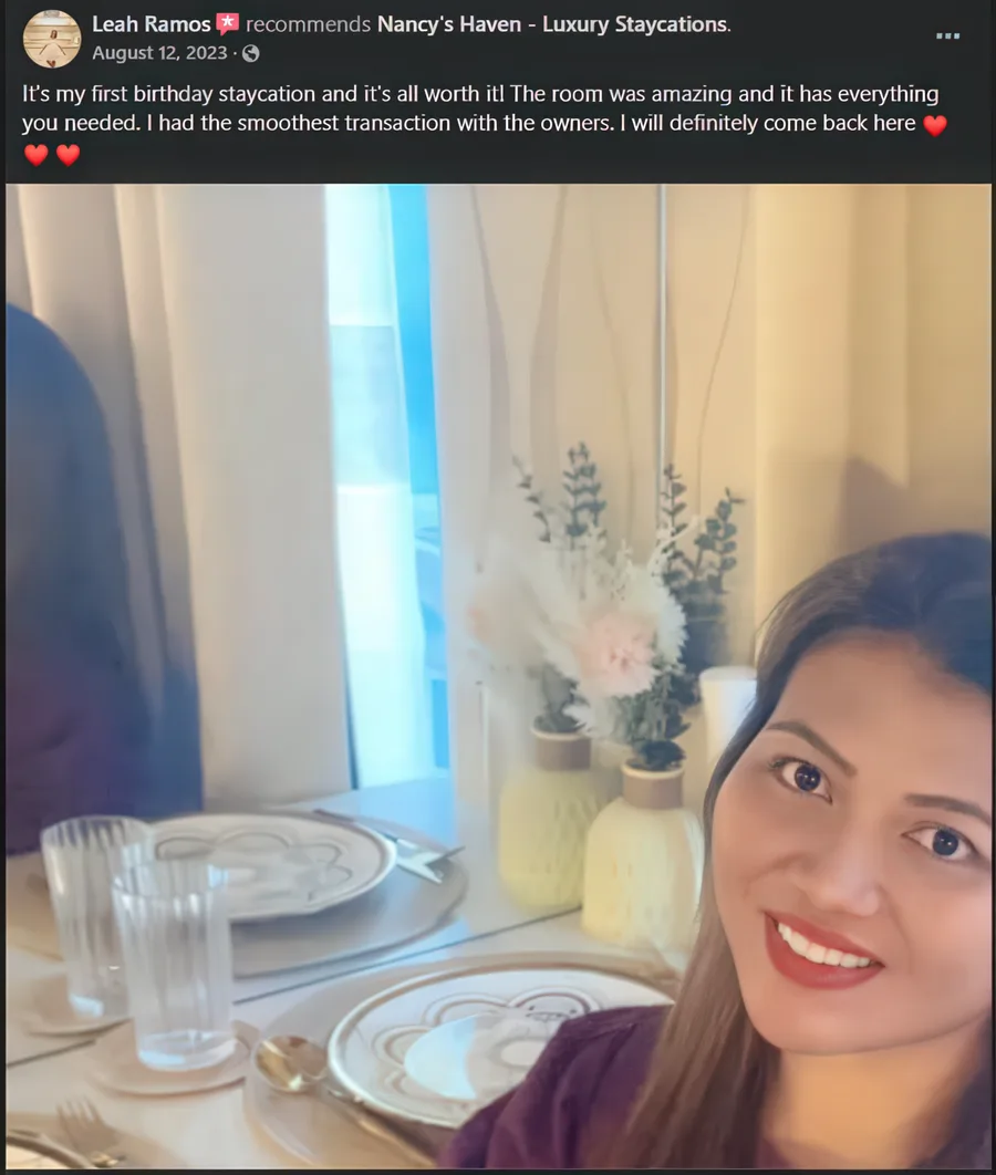 Facebook recommendation from Leah R. praising the well-equipped room and smoothest booking