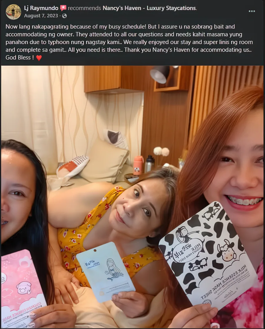 Facebook recommendation from Lj R. praising the accommodating owner and clean, fully equipped room