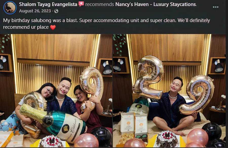 Facebook recommendation from Shalom E. celebrating a birthday in a super clean, accommodating unit
