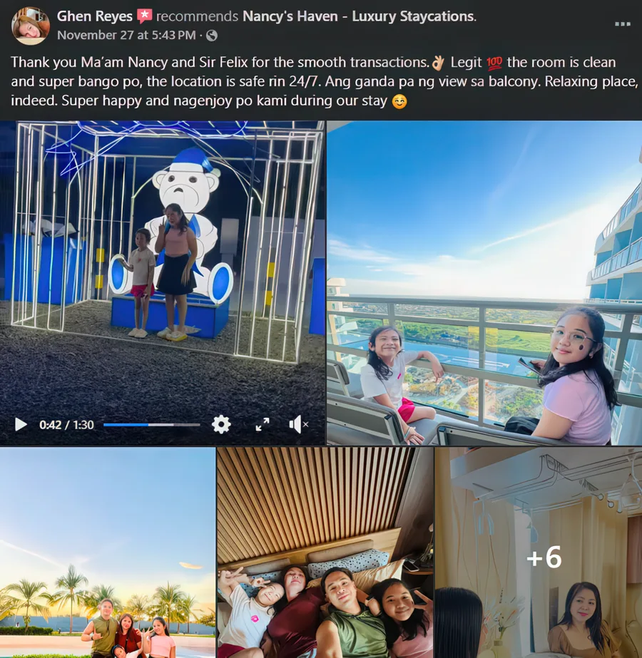 Facebook recommendation from Ghen R. praising the clean room, safe location, and beautiful balcony view